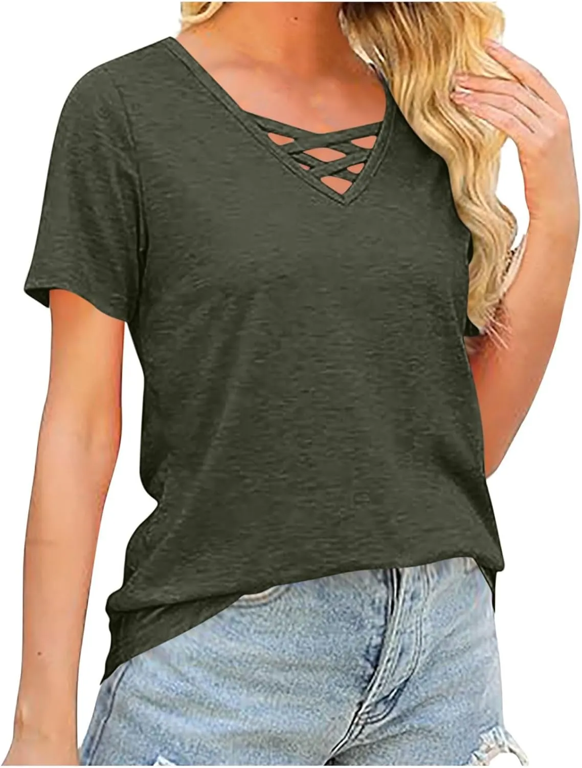 Women's Short Sleeve V Neck Criss Cross T-Shirt Tops Sexy Casual Dressy Blouses Spring Summer Tshirts Casual Soft Tee