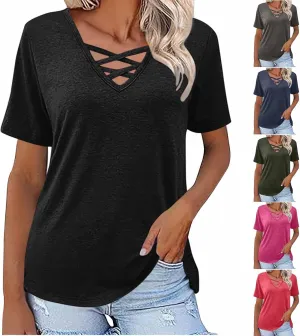 Women's Short Sleeve V Neck Criss Cross T-Shirt Tops Sexy Casual Dressy Blouses Spring Summer Tshirts Casual Soft Tee