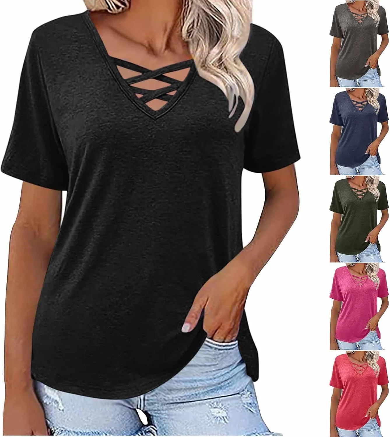 Women's Short Sleeve V Neck Criss Cross T-Shirt Tops Sexy Casual Dressy Blouses Spring Summer Tshirts Casual Soft Tee