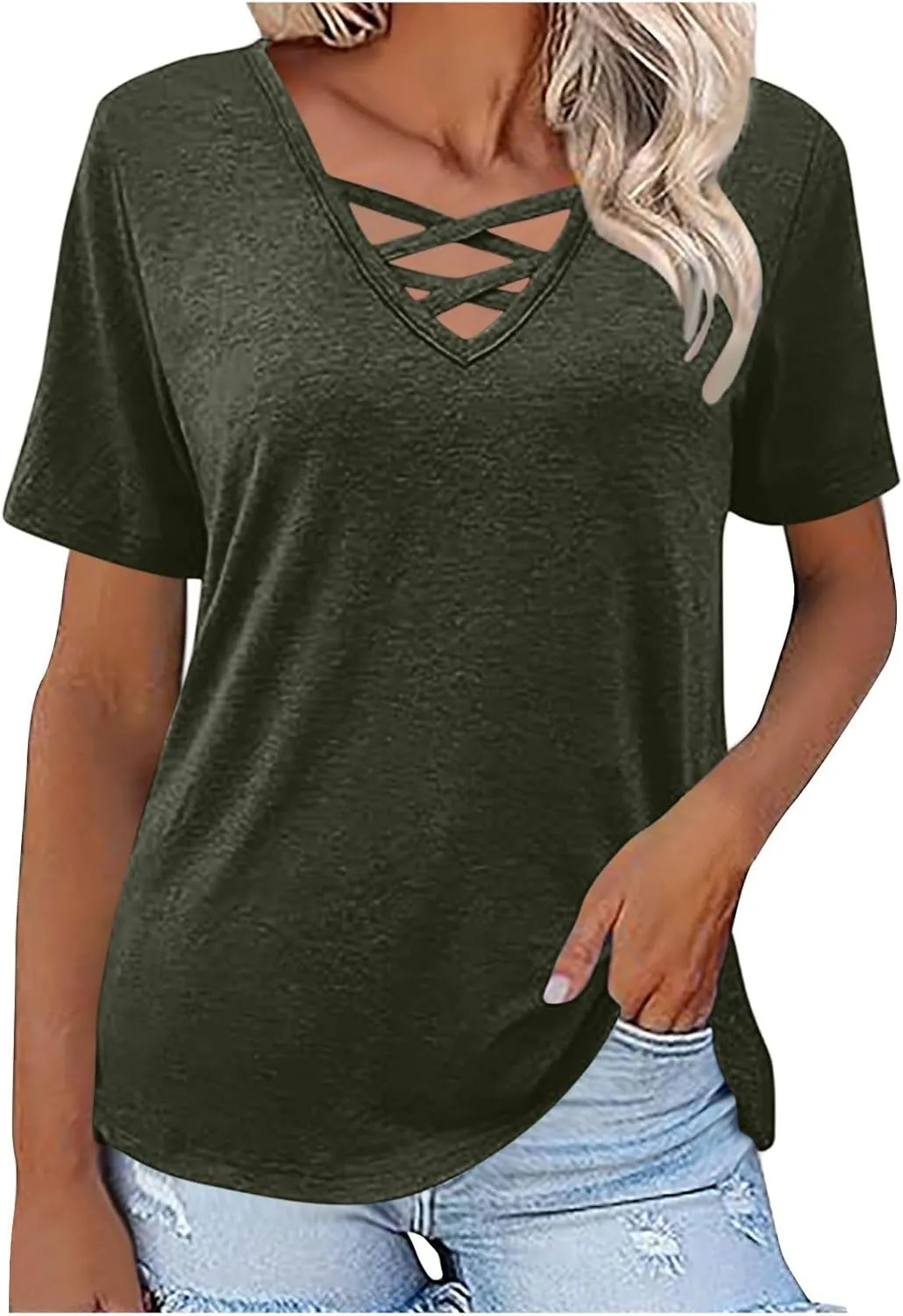 Women's Short Sleeve V Neck Criss Cross T-Shirt Tops Sexy Casual Dressy Blouses Spring Summer Tshirts Casual Soft Tee