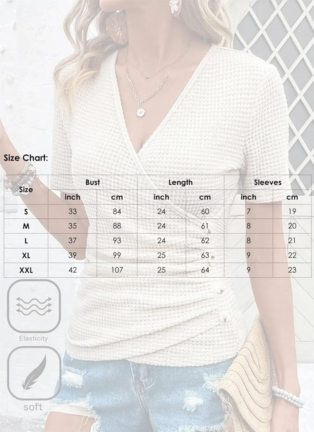 Women's Short Sleeve V Neck Pleated Shirts Apricot Plain Tunic Tops Basic Criss Cross Wrap Pullover Slim Fit Tees
