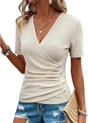 Women's Short Sleeve V Neck Pleated Shirts Apricot Plain Tunic Tops Basic Criss Cross Wrap Pullover Slim Fit Tees