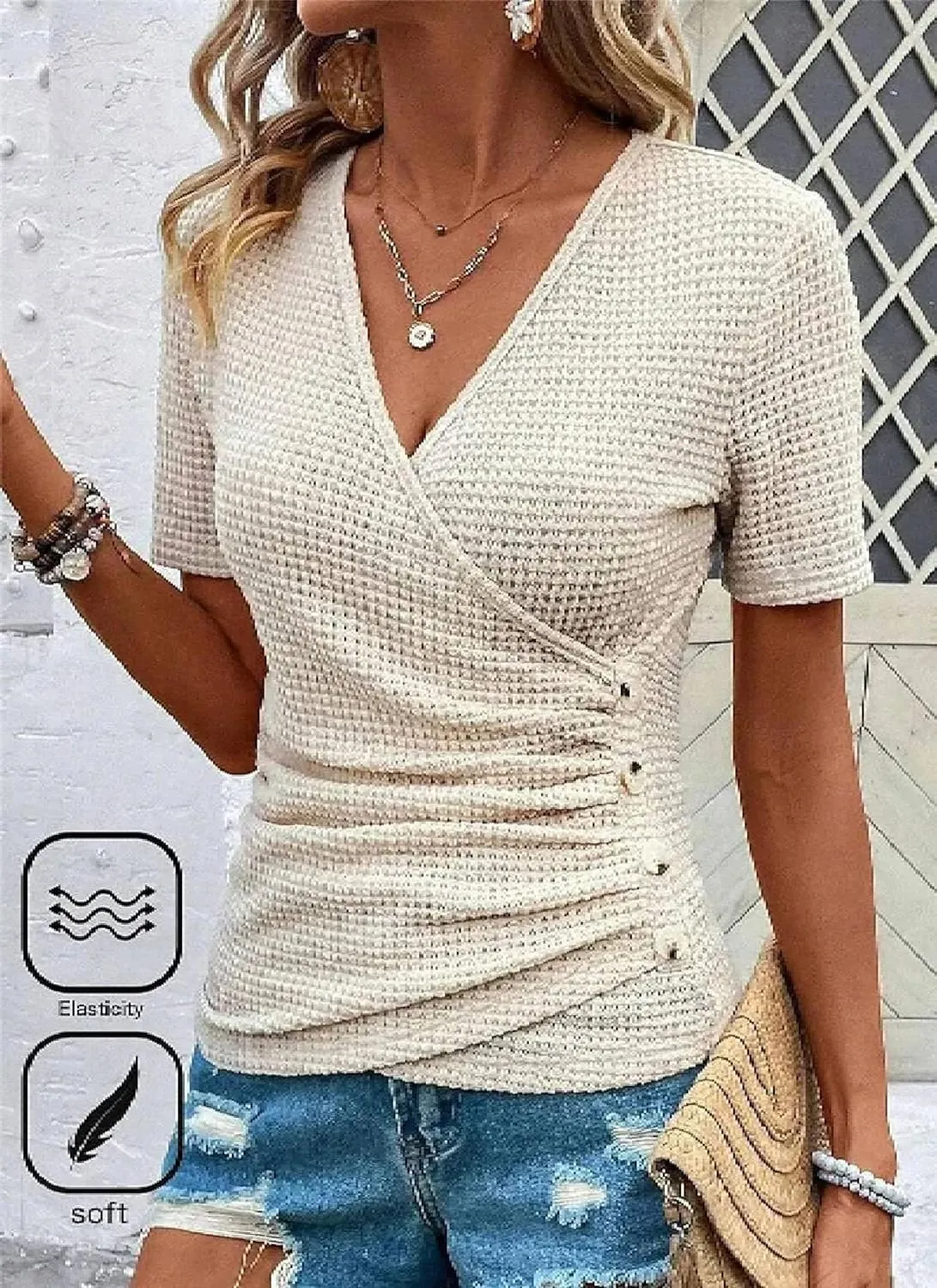 Women's Short Sleeve V Neck Pleated Shirts Apricot Plain Tunic Tops Basic Criss Cross Wrap Pullover Slim Fit Tees