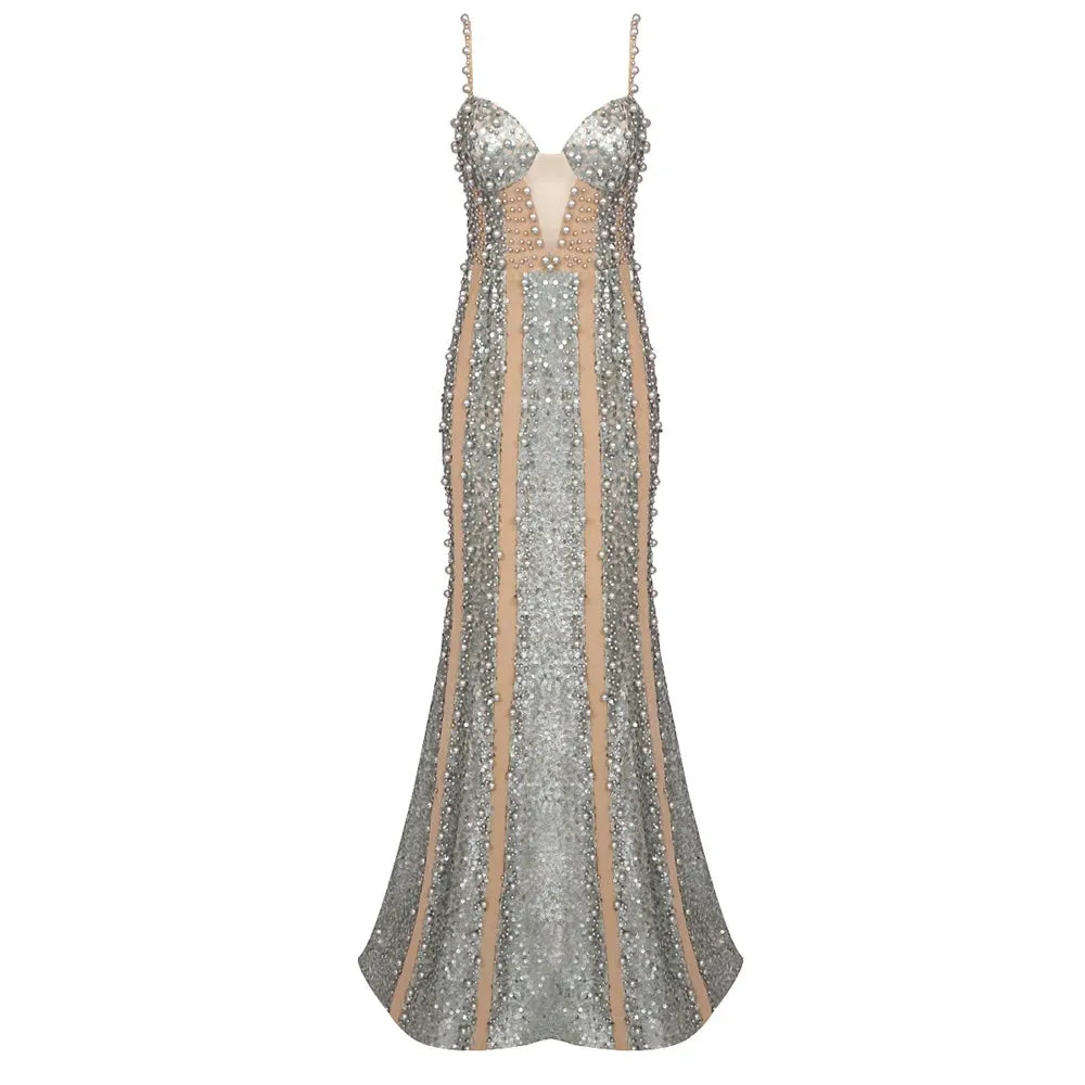 Women's Sleeveless Maxi Gown With Pearl Sequins