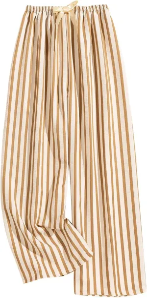 Womens Striped Casual Straight Leg Pant Summer Elastic Waist Baggy Lounge Trousers Trendy Color Block Beach Outfits