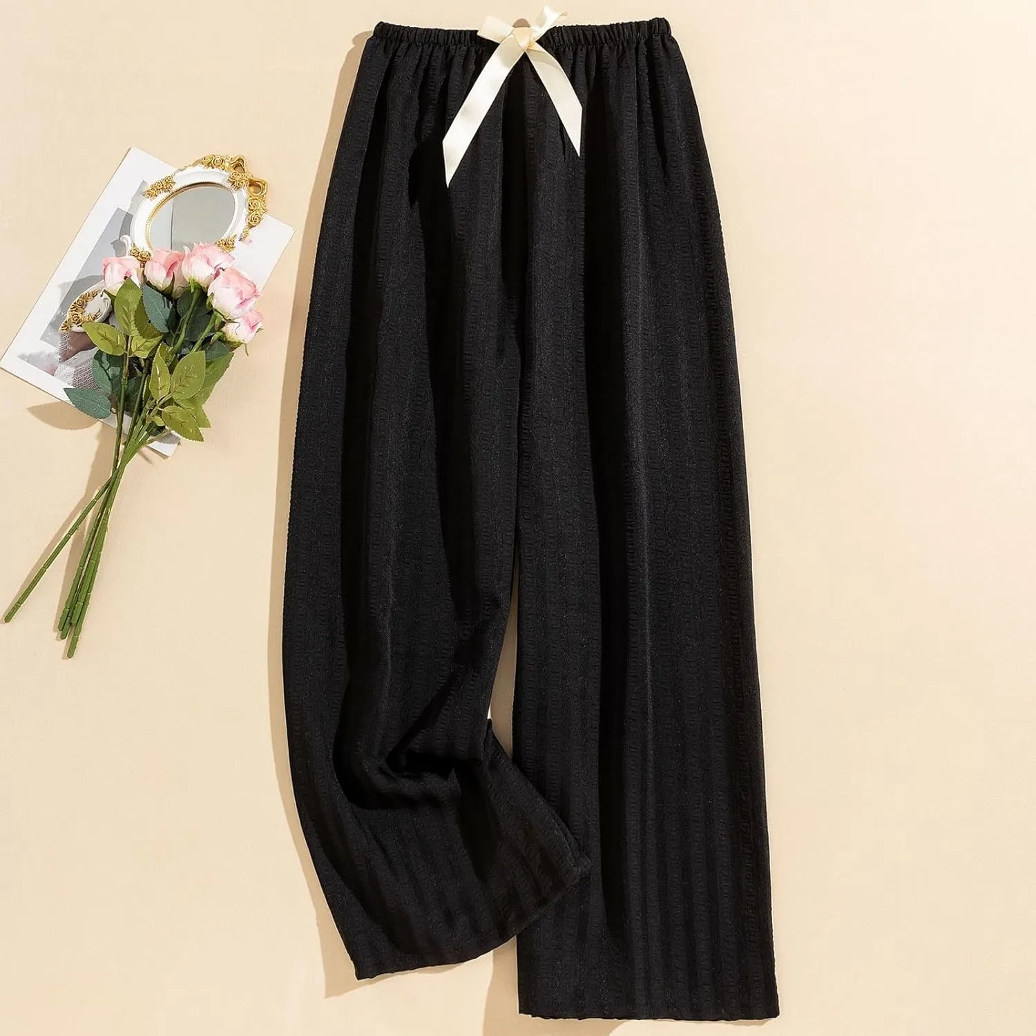 Womens Striped Casual Straight Leg Pant Summer Elastic Waist Baggy Lounge Trousers Trendy Color Block Beach Outfits