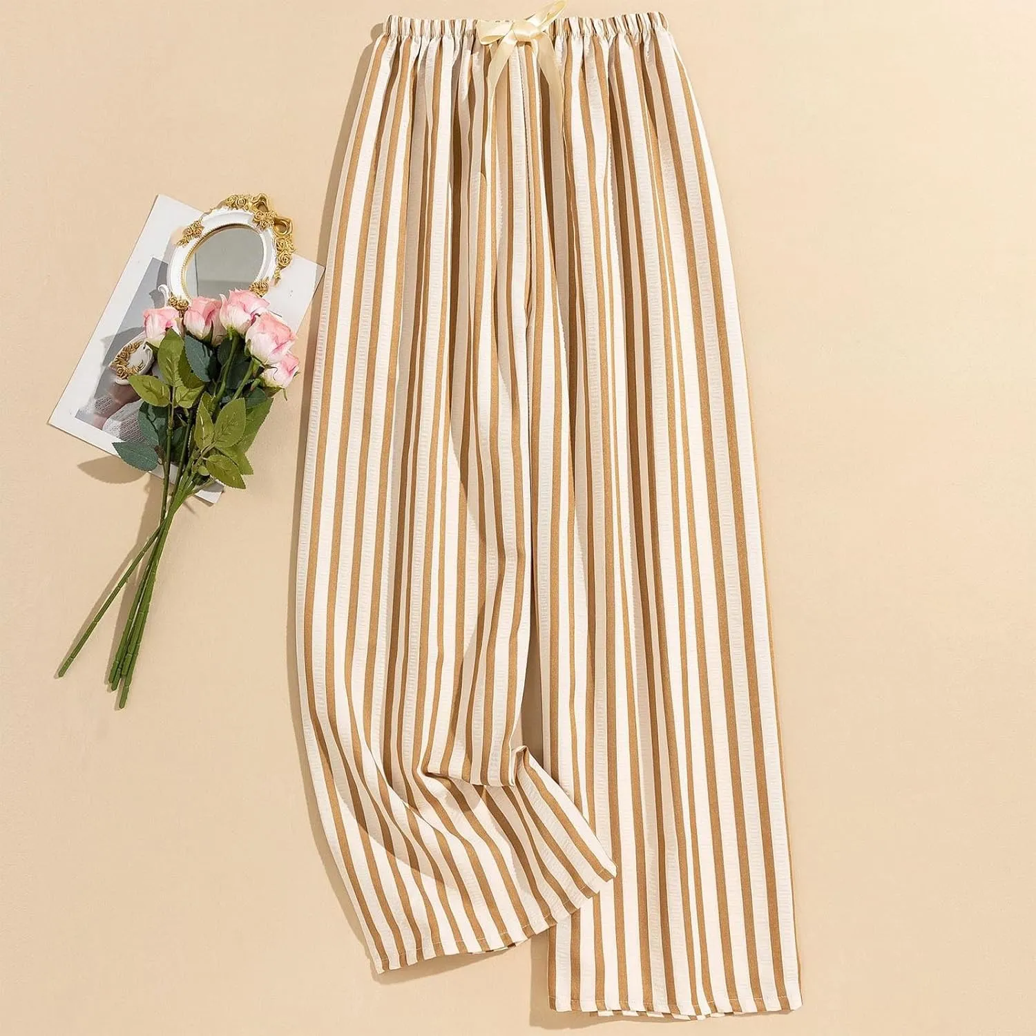 Womens Striped Casual Straight Leg Pant Summer Elastic Waist Baggy Lounge Trousers Trendy Color Block Beach Outfits