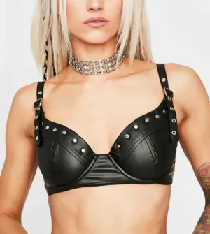 Women's Studded Black Leather Bra