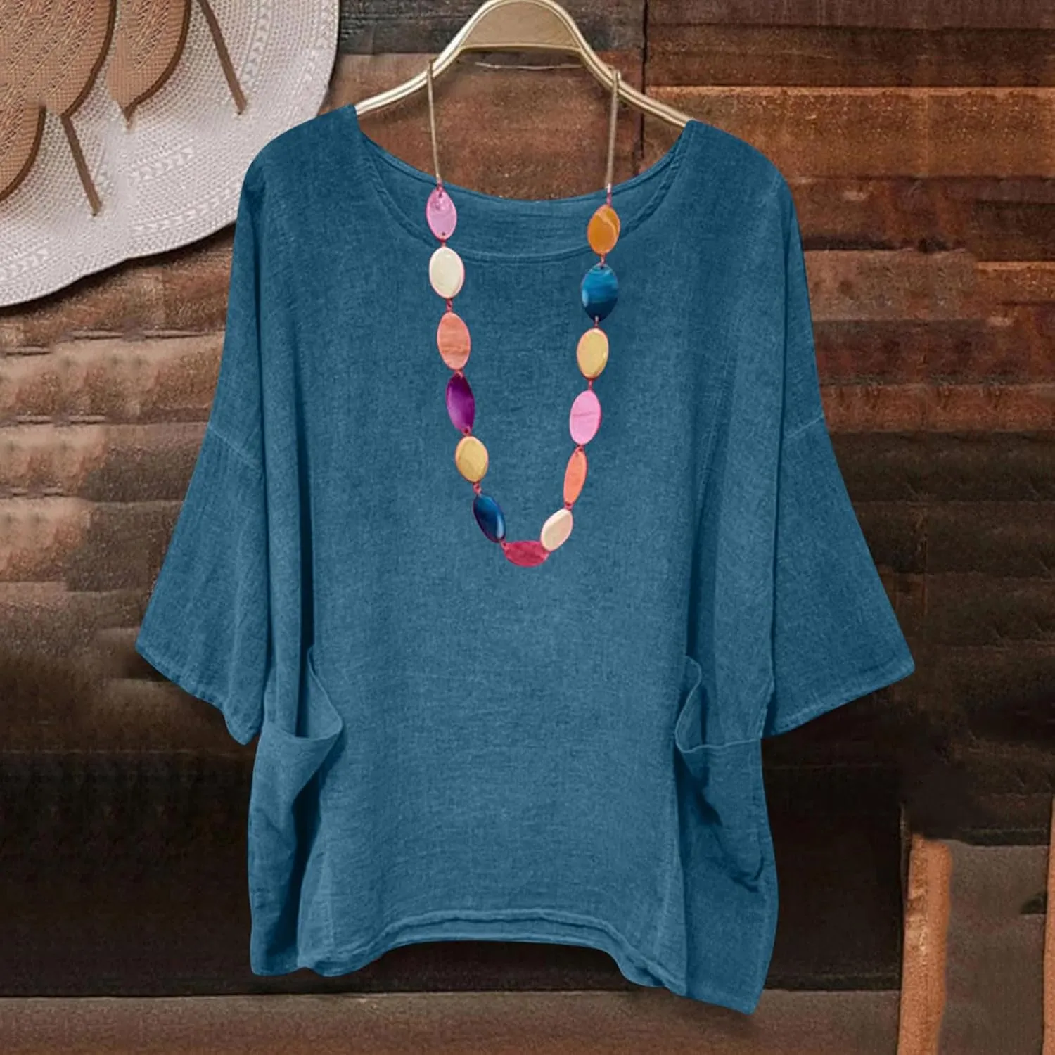 Women's Summer Cotton Linen Shirts Oversized Boho Half Sleeve Tunic Tops with Pocket Casual Comfy Beach Camping Outfit