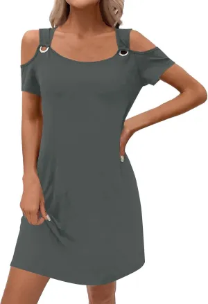 Womens Summer Dress Cold Shoulder Scoop Neck Short Sleeve Spaghetti Strap with O Ring Fashion Sundress with Pockets