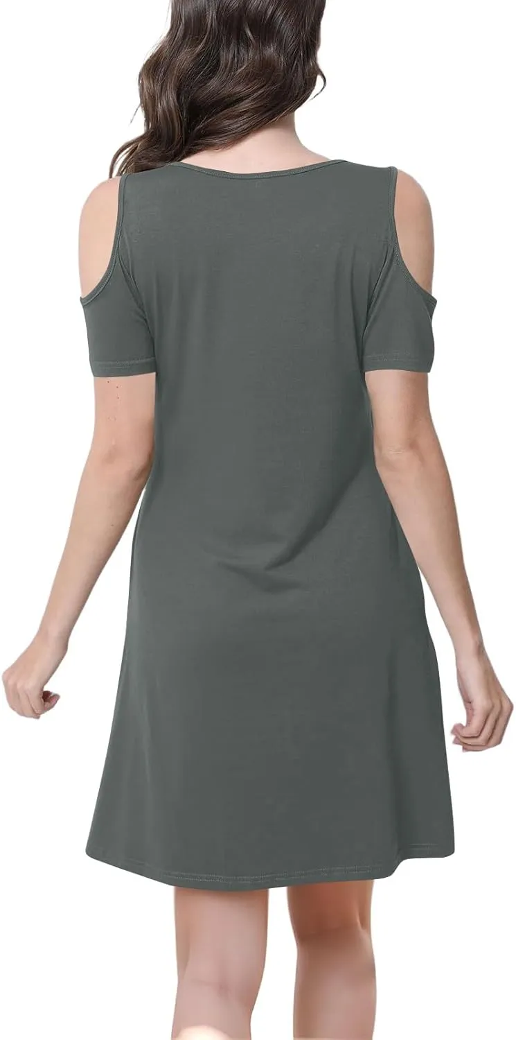 Womens Summer Dress Cold Shoulder Scoop Neck Short Sleeve Spaghetti Strap with O Ring Fashion Sundress with Pockets