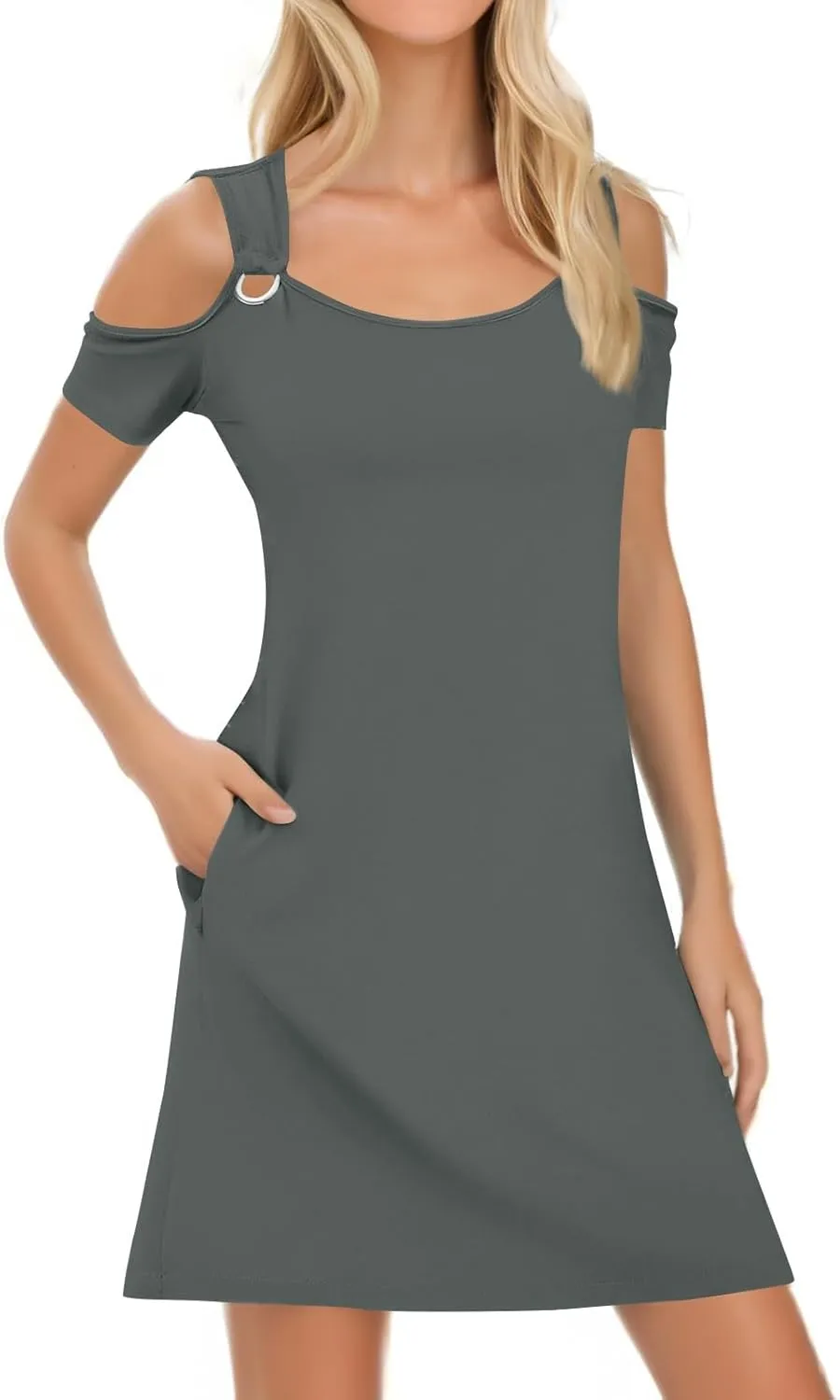 Womens Summer Dress Cold Shoulder Scoop Neck Short Sleeve Spaghetti Strap with O Ring Fashion Sundress with Pockets