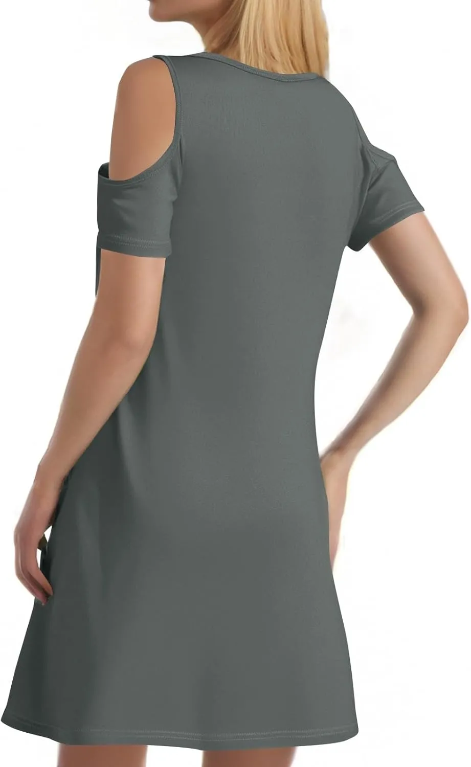 Womens Summer Dress Cold Shoulder Scoop Neck Short Sleeve Spaghetti Strap with O Ring Fashion Sundress with Pockets