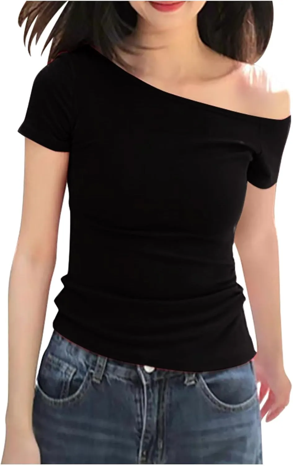 Women's Summer Short Sleeve One Off The Shoulder Top Slim Fit Y2K Shirt Sexy Slim Fit Tees Going Out Crop Tank Top
