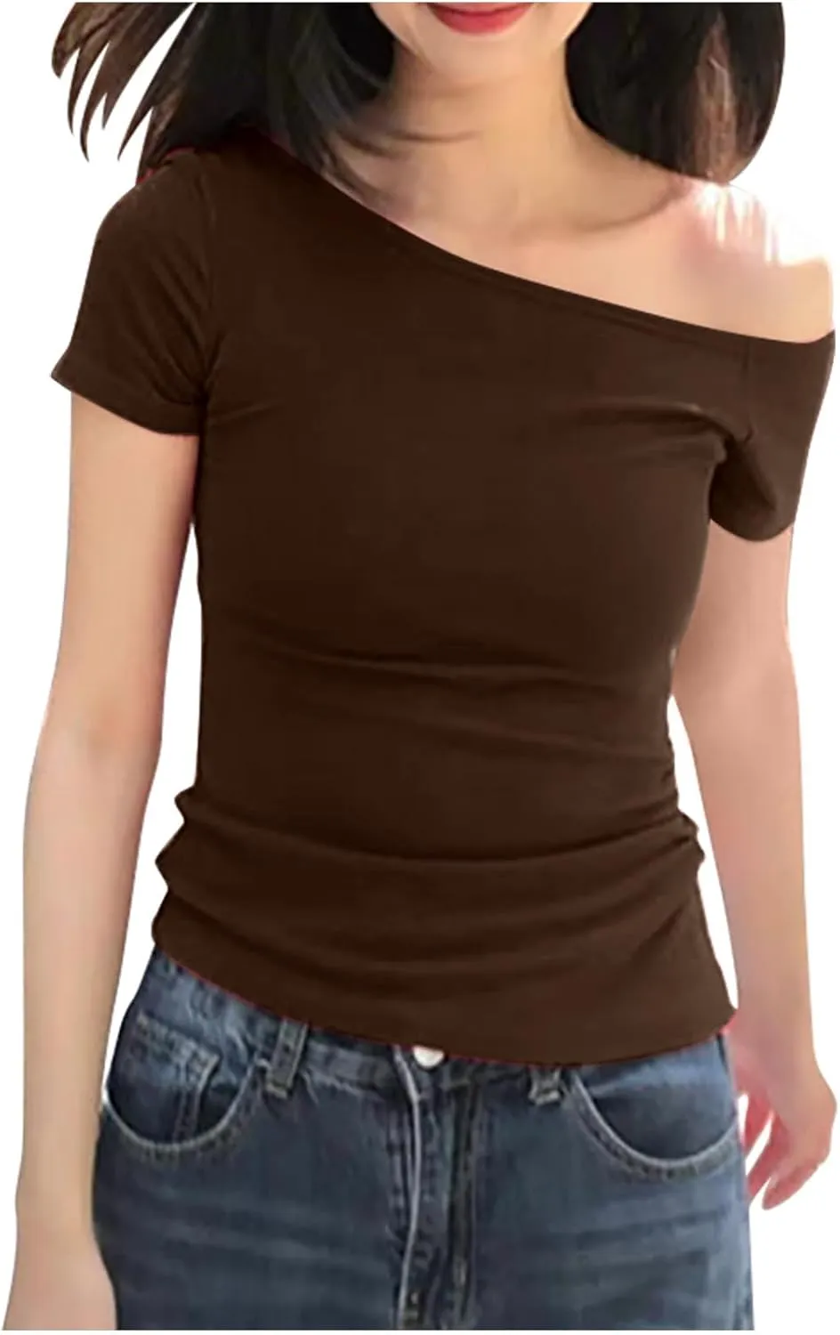 Women's Summer Short Sleeve One Off The Shoulder Top Slim Fit Y2K Shirt Sexy Slim Fit Tees Going Out Crop Tank Top