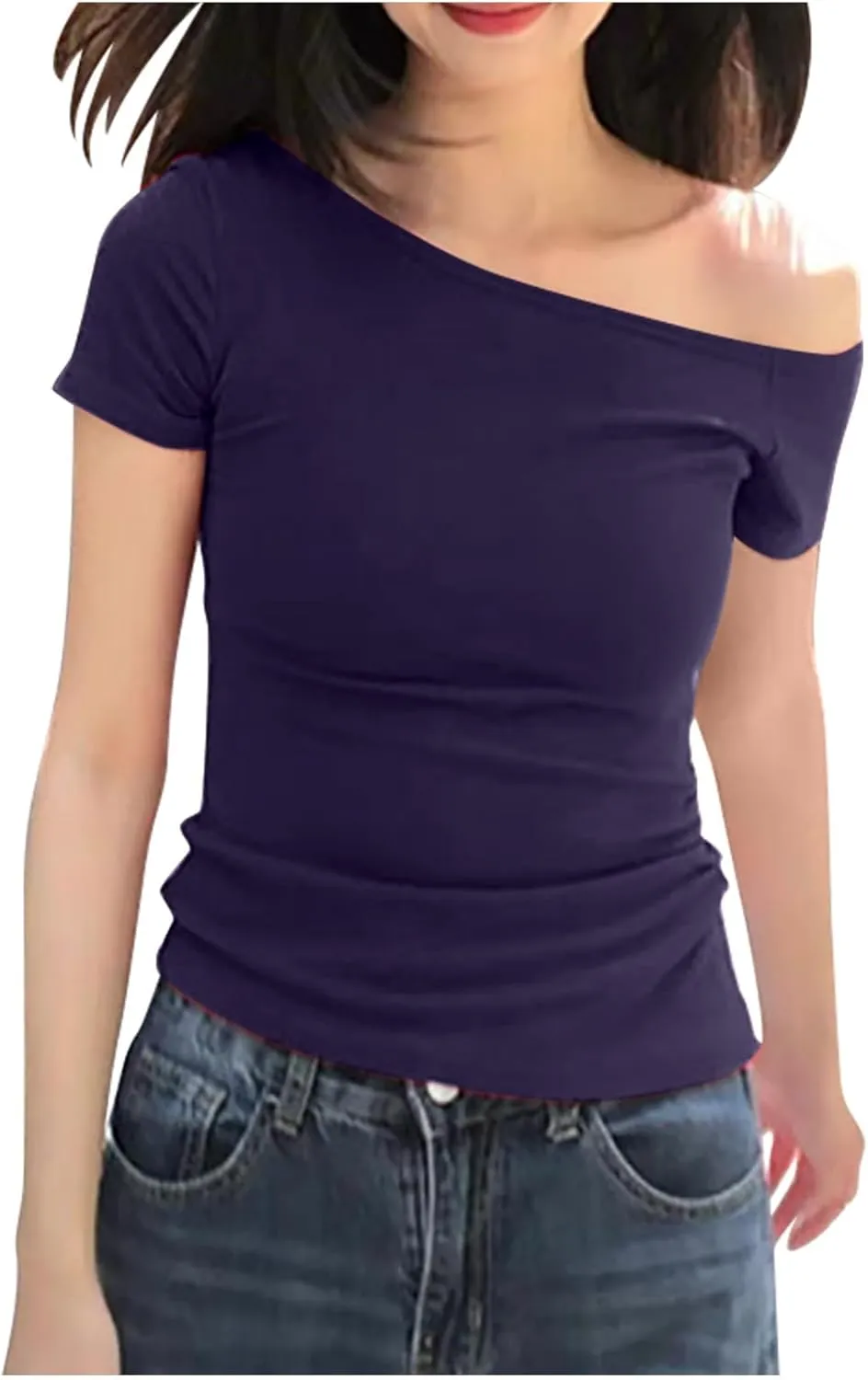 Women's Summer Short Sleeve One Off The Shoulder Top Slim Fit Y2K Shirt Sexy Slim Fit Tees Going Out Crop Tank Top