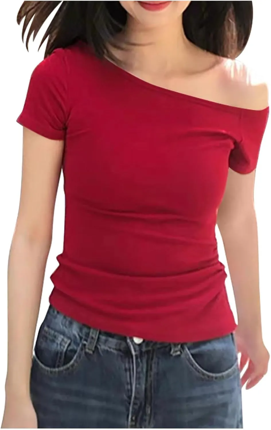 Women's Summer Short Sleeve One Off The Shoulder Top Slim Fit Y2K Shirt Sexy Slim Fit Tees Going Out Crop Tank Top