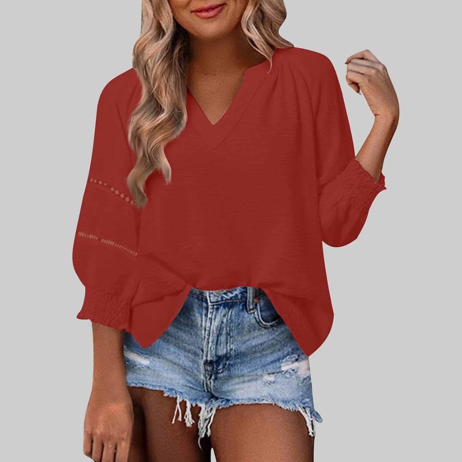 Womens Summer Tops 3/4 Lantern Sleeve Casual V-Neck T-Shirts Chiffon Pleated Loose Tunic Lace Hollow-Out Blouse