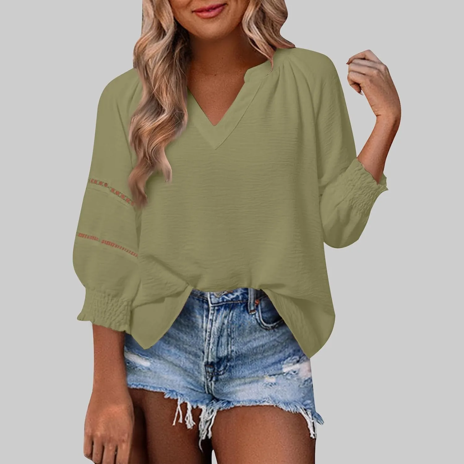 Womens Summer Tops 3/4 Lantern Sleeve Casual V-Neck T-Shirts Chiffon Pleated Loose Tunic Lace Hollow-Out Blouse