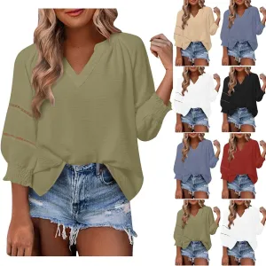 Womens Summer Tops 3/4 Lantern Sleeve Casual V-Neck T-Shirts Chiffon Pleated Loose Tunic Lace Hollow-Out Blouse