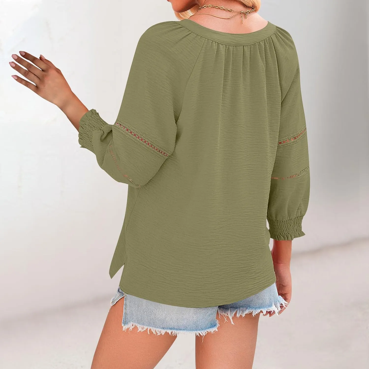 Womens Summer Tops 3/4 Lantern Sleeve Casual V-Neck T-Shirts Chiffon Pleated Loose Tunic Lace Hollow-Out Blouse