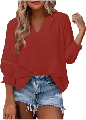 Womens Summer Tops 3/4 Lantern Sleeve Casual V-Neck T-Shirts Chiffon Pleated Loose Tunic Lace Hollow-Out Blouse