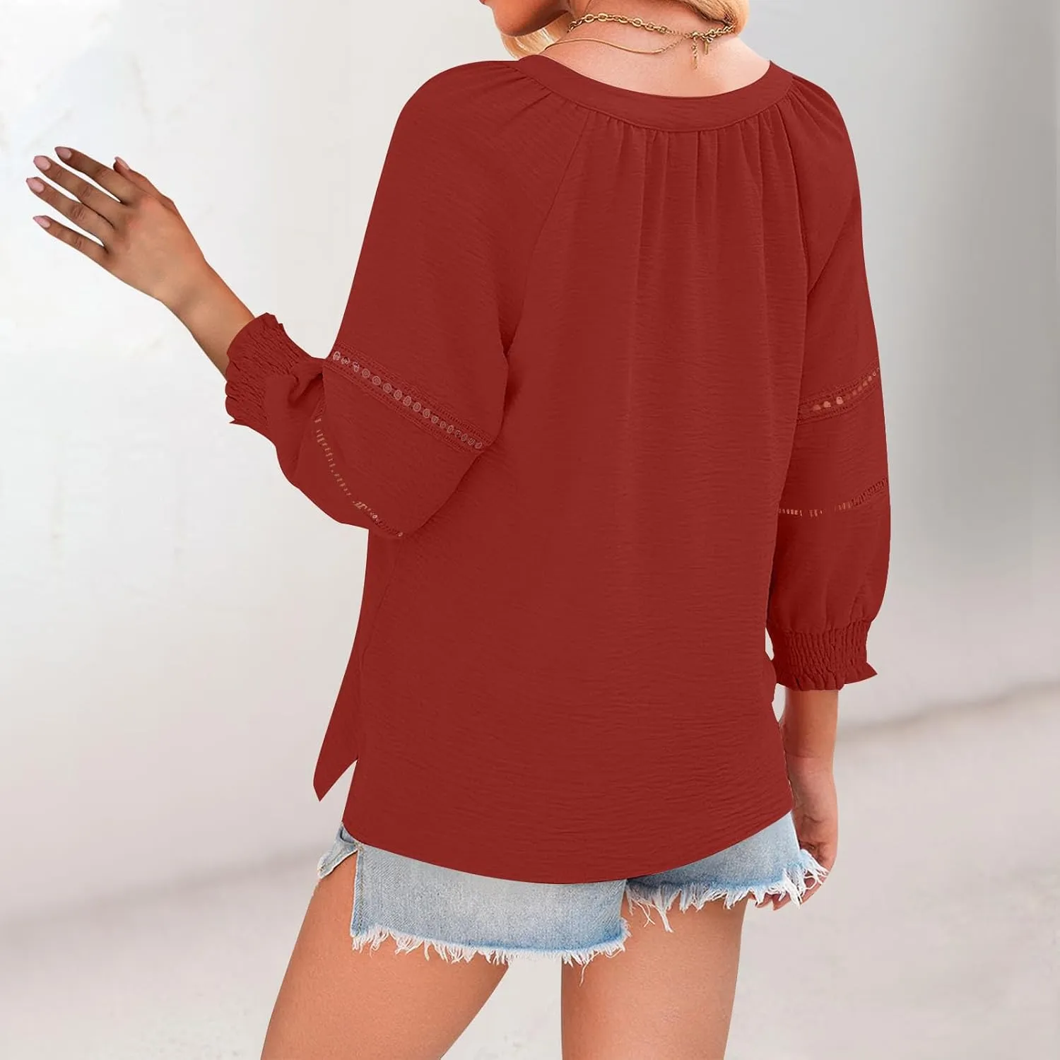 Womens Summer Tops 3/4 Lantern Sleeve Casual V-Neck T-Shirts Chiffon Pleated Loose Tunic Lace Hollow-Out Blouse