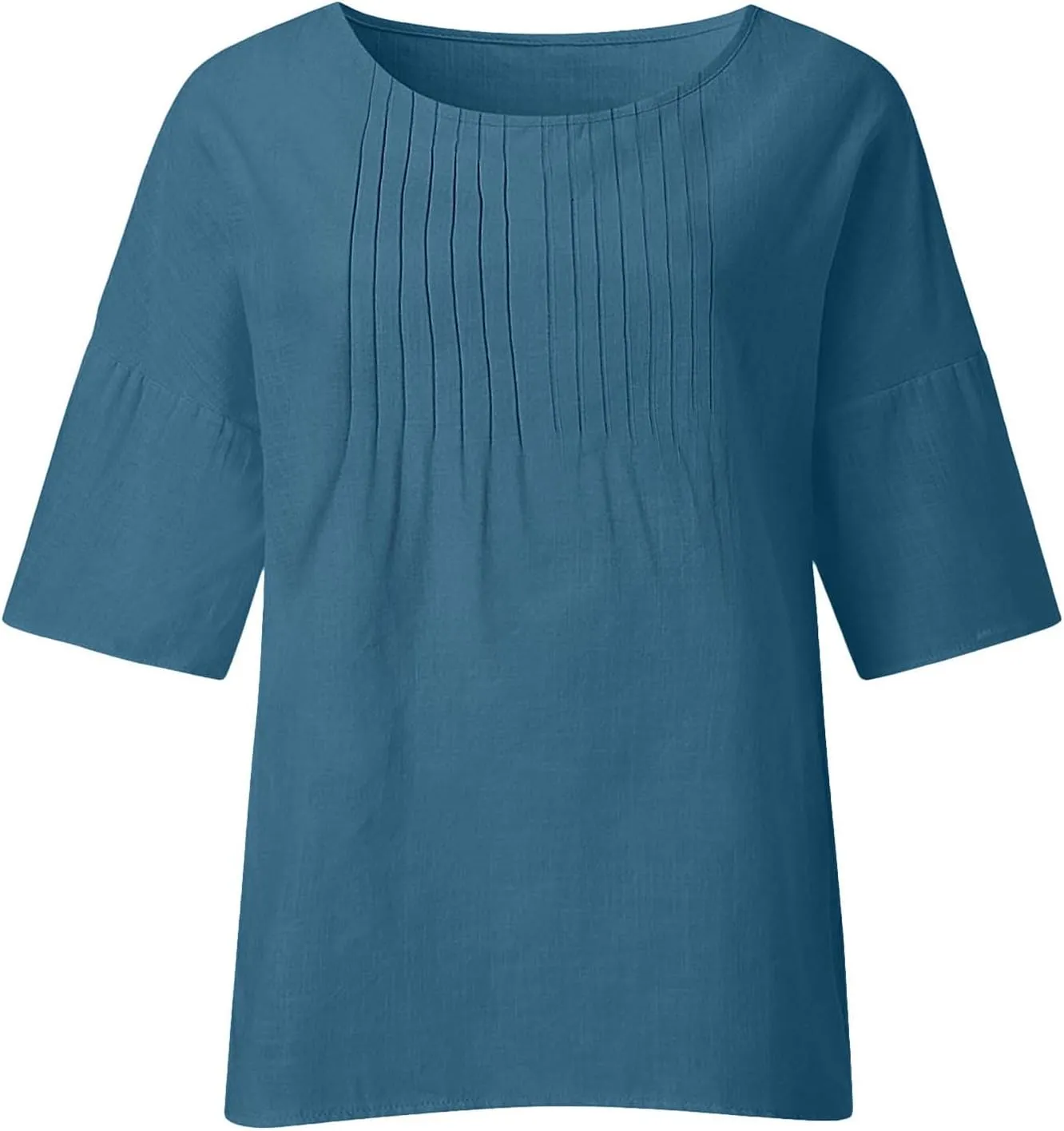 Womens Summer Tops Casual Cotton Linen T-Shirts 3/4 Length Sleeve Crew Neck Pleated Front Side Slit Plus Size Tops