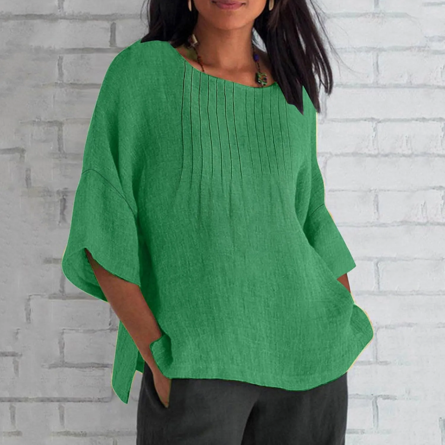 Womens Summer Tops Casual Cotton Linen T-Shirts 3/4 Length Sleeve Crew Neck Pleated Front Side Slit Plus Size Tops