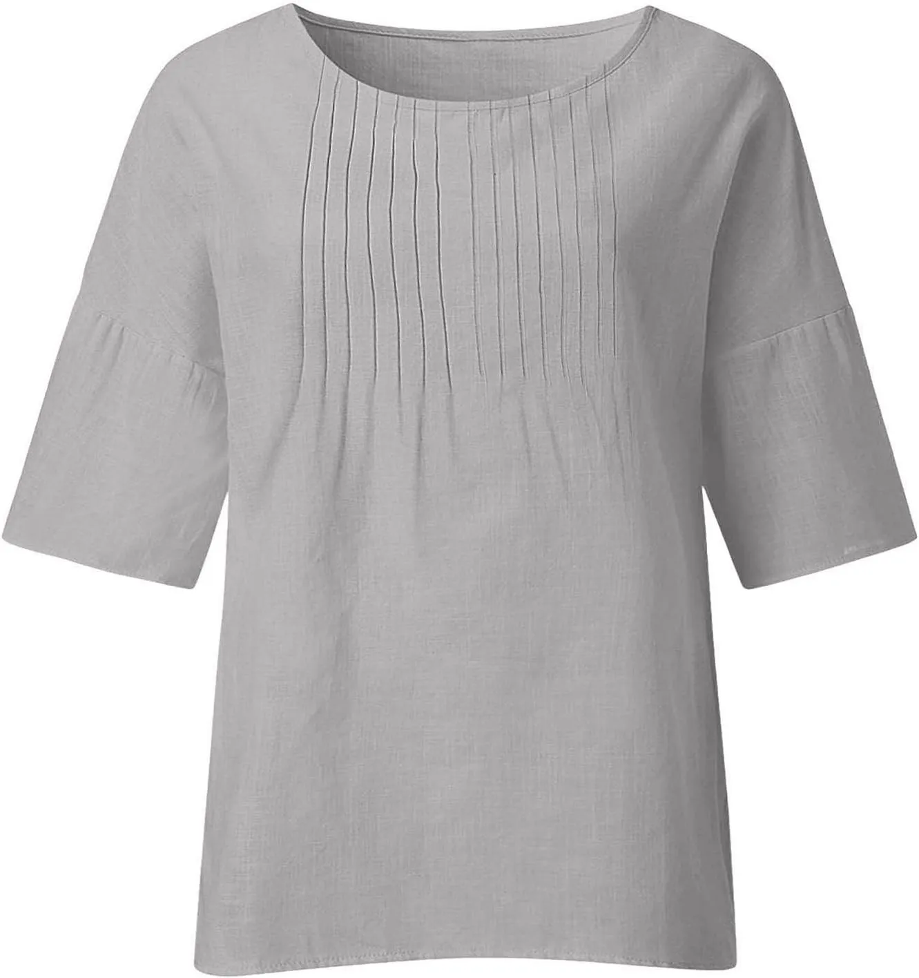 Womens Summer Tops Casual Cotton Linen T-Shirts 3/4 Length Sleeve Crew Neck Pleated Front Side Slit Plus Size Tops