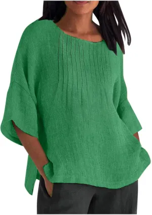 Womens Summer Tops Casual Cotton Linen T-Shirts 3/4 Length Sleeve Crew Neck Pleated Front Side Slit Plus Size Tops