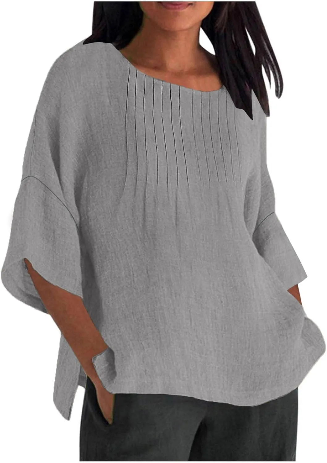 Womens Summer Tops Casual Cotton Linen T-Shirts 3/4 Length Sleeve Crew Neck Pleated Front Side Slit Plus Size Tops