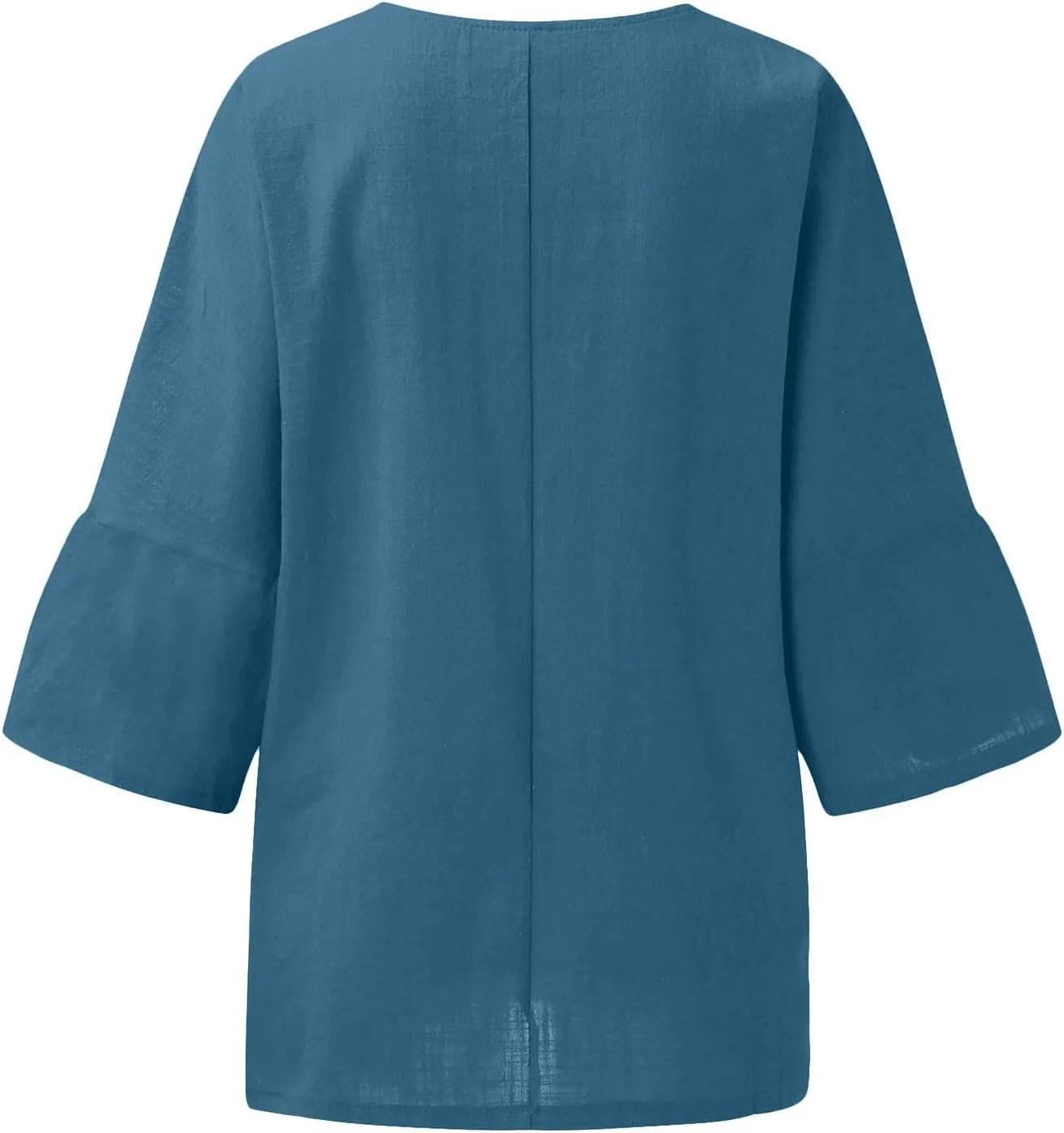 Womens Summer Tops Casual Cotton Linen T-Shirts 3/4 Length Sleeve Crew Neck Pleated Front Side Slit Plus Size Tops