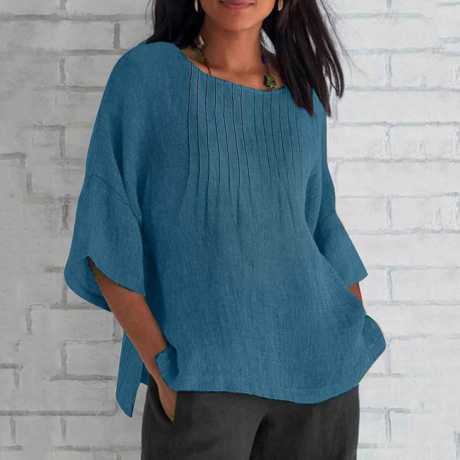 Womens Summer Tops Casual Cotton Linen T-Shirts 3/4 Length Sleeve Crew Neck Pleated Front Side Slit Plus Size Tops