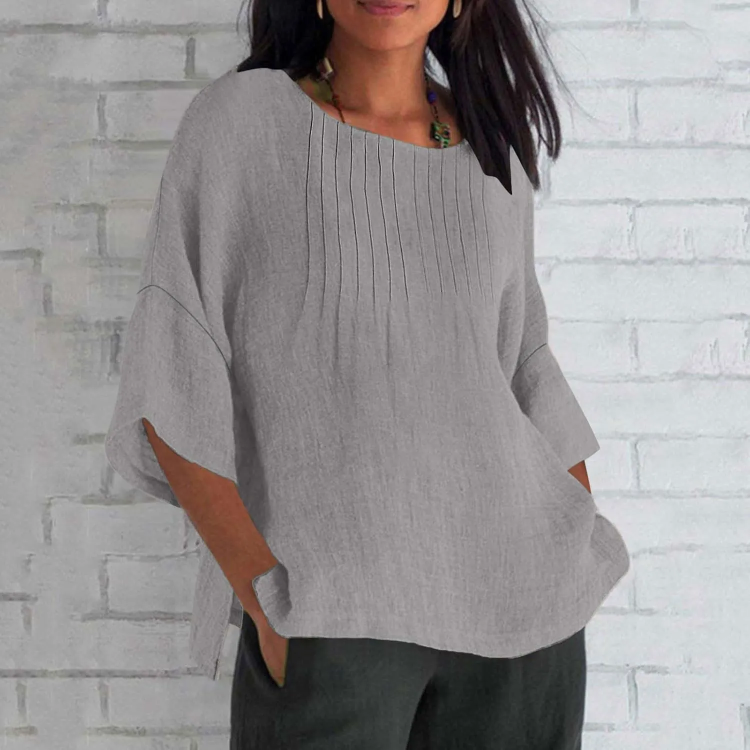 Womens Summer Tops Casual Cotton Linen T-Shirts 3/4 Length Sleeve Crew Neck Pleated Front Side Slit Plus Size Tops