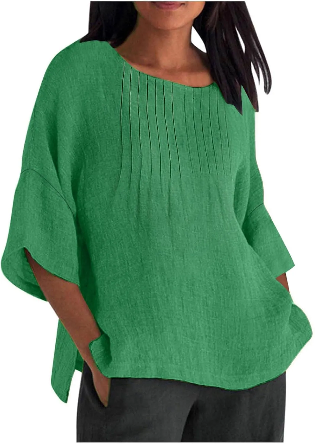 Womens Summer Tops Casual Cotton Linen T-Shirts 3/4 Length Sleeve Crew Neck Pleated Front Side Slit Plus Size Tops