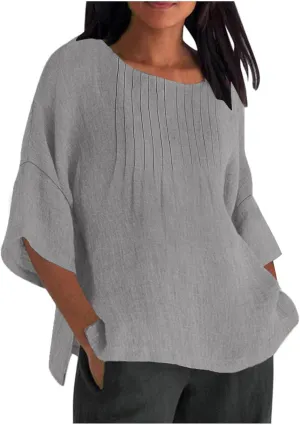 Womens Summer Tops Casual Cotton Linen T-Shirts 3/4 Length Sleeve Crew Neck Pleated Front Side Slit Plus Size Tops
