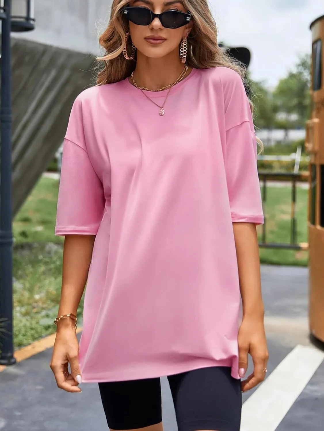 Women's T Shirts Oversized Short Sleeve Round Neck Casual Soft Tops Basic Tee Shirt S-XXL