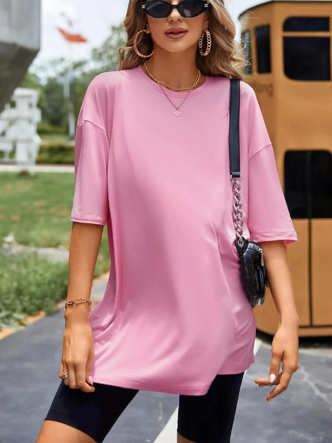 Women's T Shirts Oversized Short Sleeve Round Neck Casual Soft Tops Basic Tee Shirt S-XXL