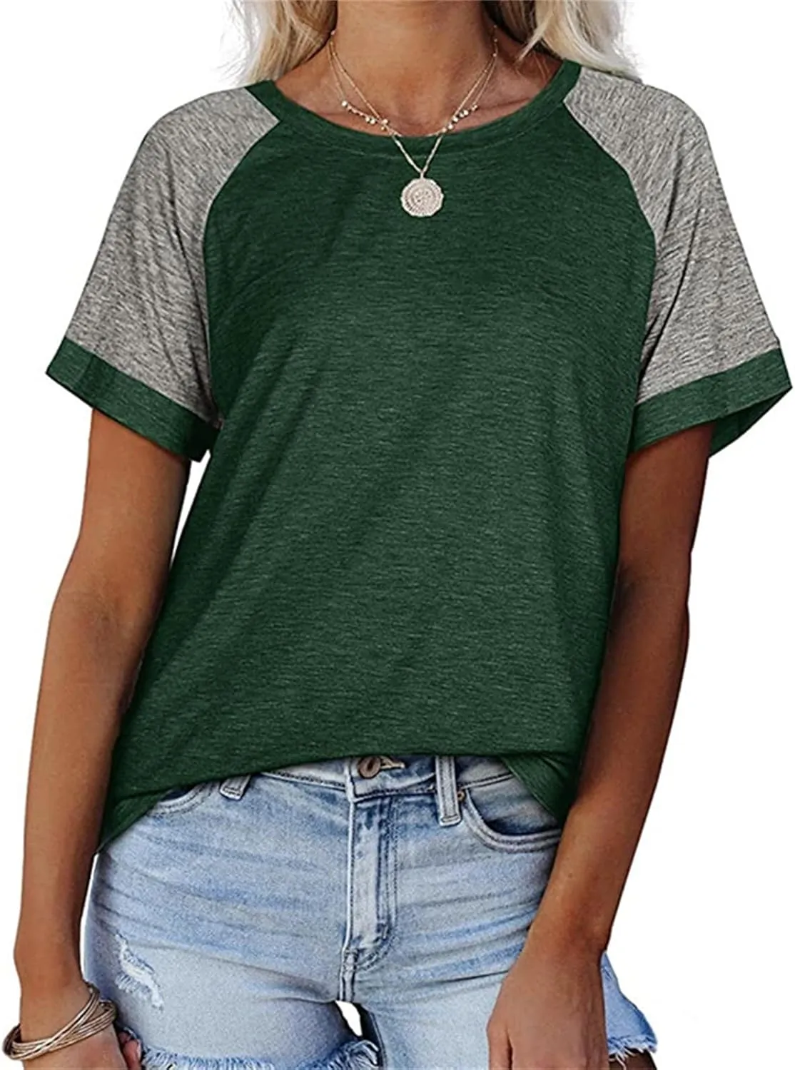 Women's T-Shirts Raglan Short Sleeve Crewneck T-Shirt Casual Summer Color Block Tunic Tshirt Cute Loose Fit Blouses Tops