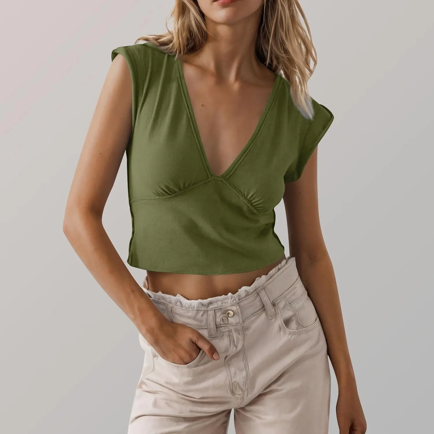 Womens Tank Top Sexy Deep V Neck Crop Tops Low Cut Summer Cap Sleeve T Shirts Y2k Slim Fit Tees