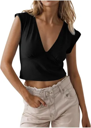Womens Tank Top Sexy Deep V Neck Crop Tops Low Cut Summer Cap Sleeve T Shirts Y2k Slim Fit Tees
