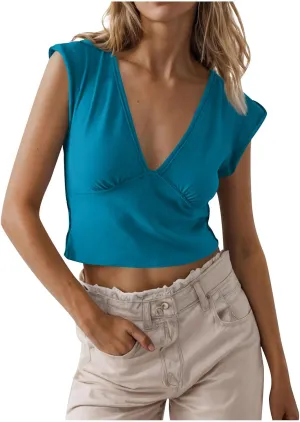 Womens Tank Top Sexy Deep V Neck Crop Tops Low Cut Summer Cap Sleeve T Shirts Y2k Slim Fit Tees
