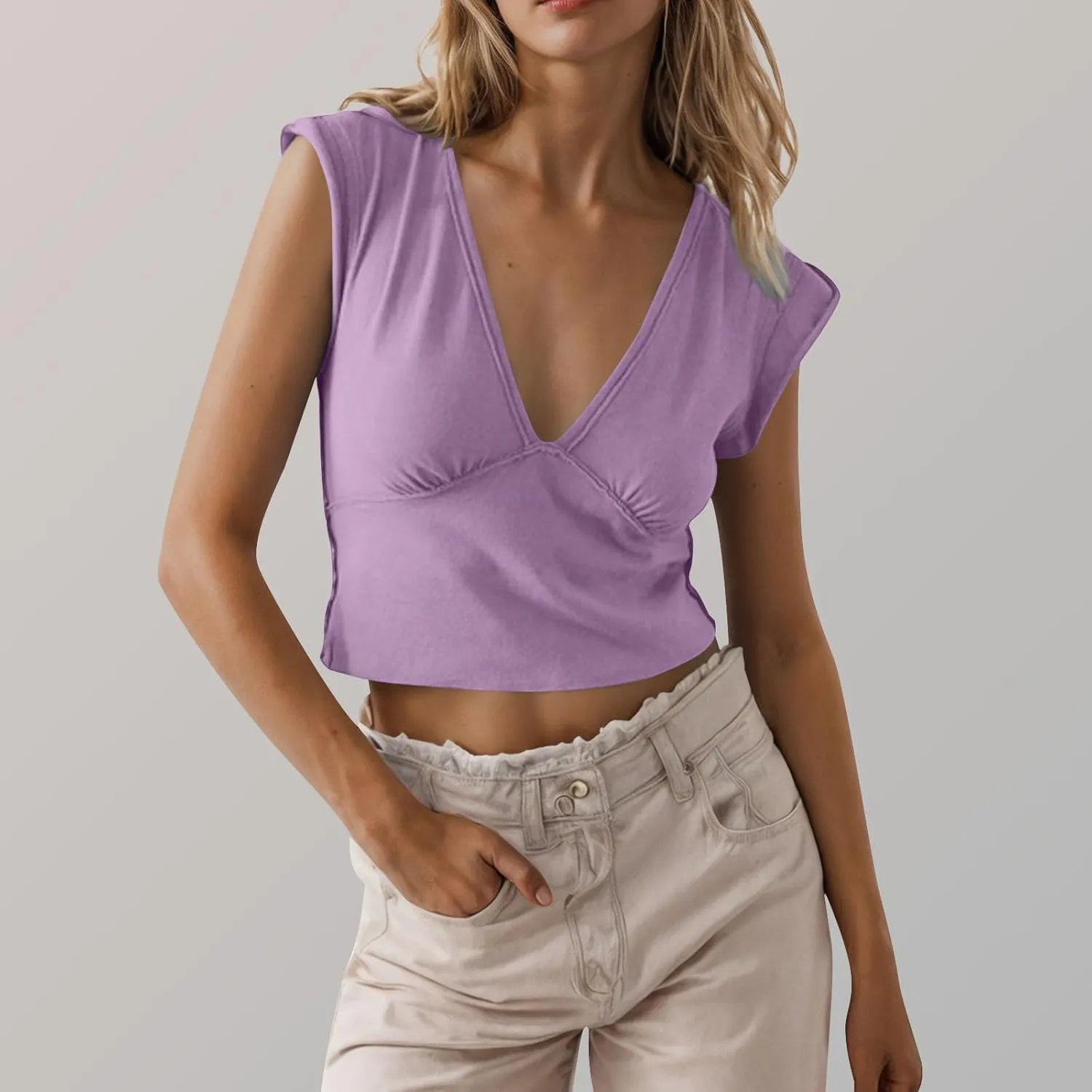 Womens Tank Top Sexy Deep V Neck Crop Tops Low Cut Summer Cap Sleeve T Shirts Y2k Slim Fit Tees