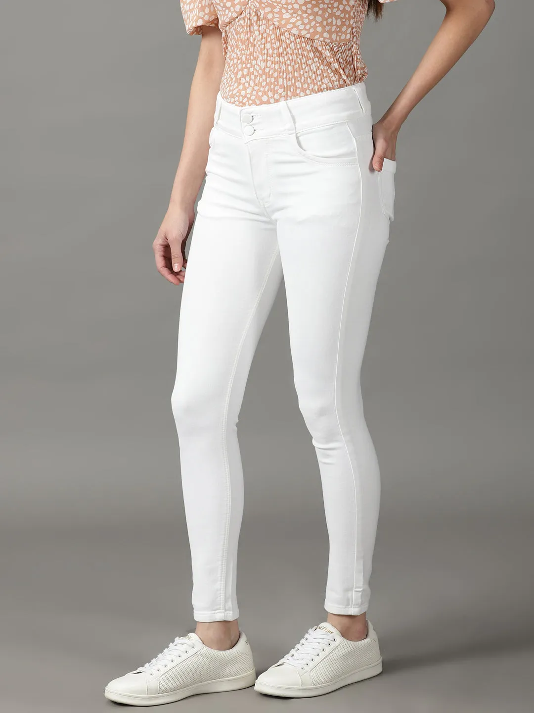 Women's White Solid Skinny Fit Denim Jeans