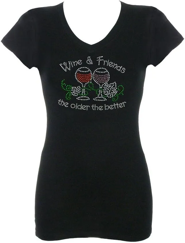 Women's Wine & Friends Rhinestone Bling V-Neck Short Sleeve Shirts Black