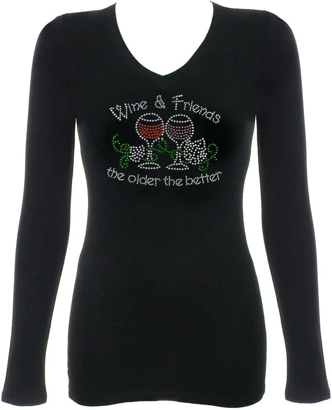 Women's Wine & Friends Rhinestone Bling V-Neck Short Sleeve Shirts Black