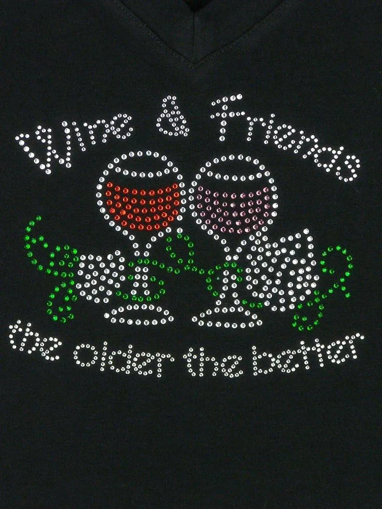 Women's Wine & Friends Rhinestone Bling V-Neck Short Sleeve Shirts Black