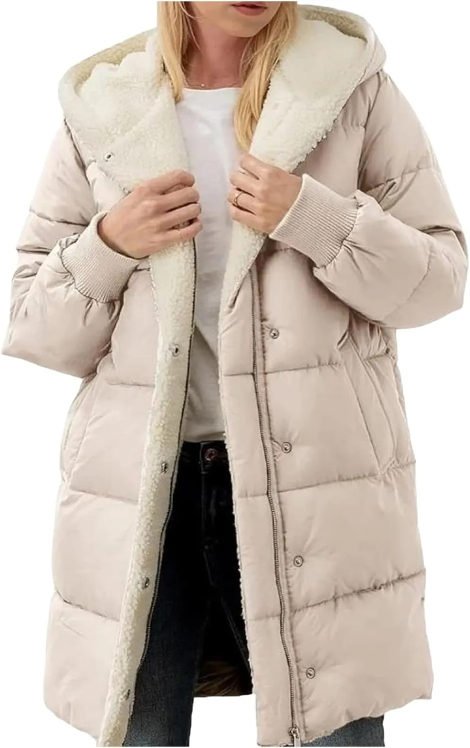 Women's Winter Down Jackets Sherpa Lined Long Puffer Jacket Button Down Zip Up Hooded Coats Thicken Warm Outwear Coat