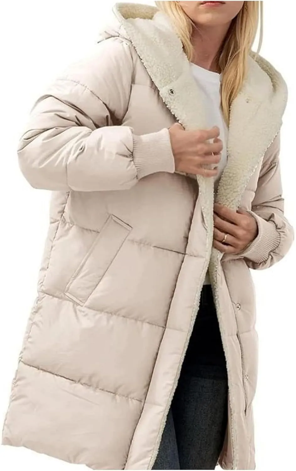 Women's Winter Down Jackets Sherpa Lined Long Puffer Jacket Button Down Zip Up Hooded Coats Thicken Warm Outwear Coat